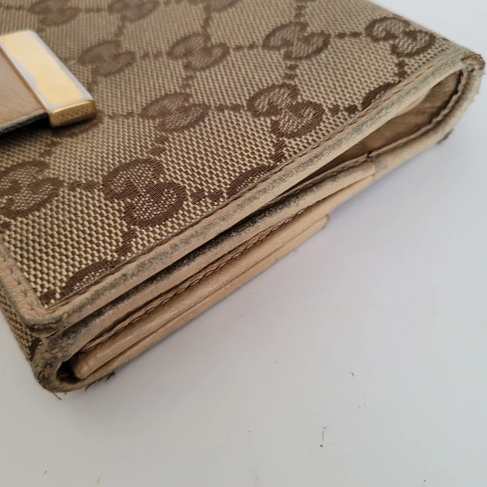 Gucci GG Supreme Canvas Bifold Wallet Tan Leather Monogram 212090-0959
